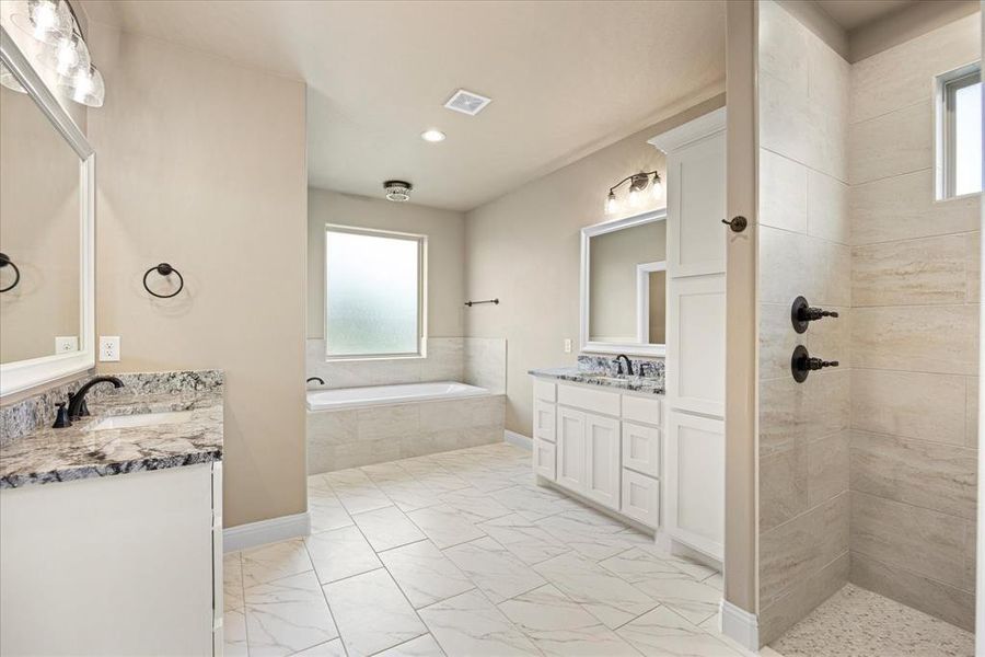 Bathroom with vanity and shower with separate bathtub