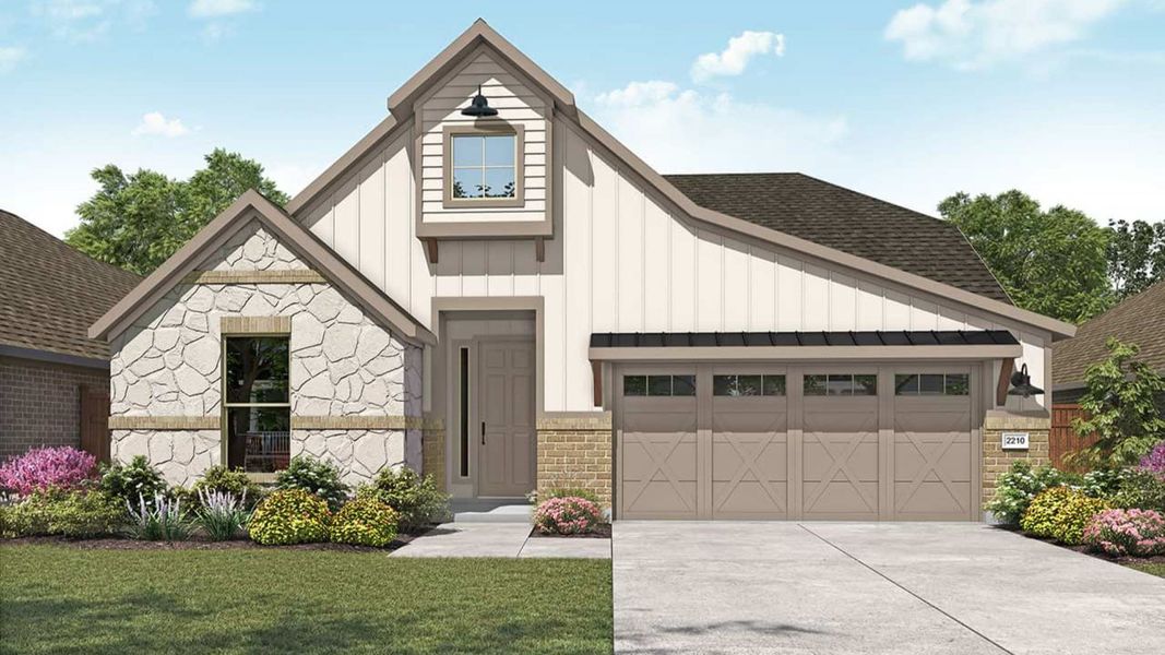 Representative exterior photo of a completed home built from the Oleander by DRB Homes in Sunfield, Buda, TX (Image 6). Representative exterior photo of a completed home built from the Oleander by DRB Homes in Sunfield, Buda, TX (Image 6).