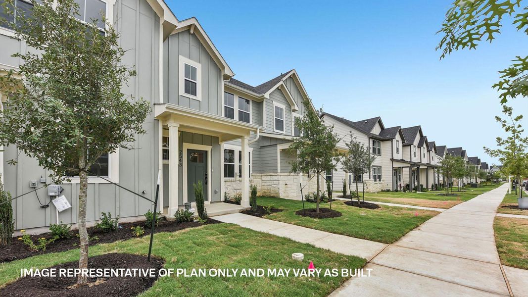 Front exterior of a new home in Avery Centre, Round Rock, TX, highlighting curb appeal (Image 23). Front exterior of a new home in Avery Centre, Round Rock, TX, highlighting curb appeal (Image 23).