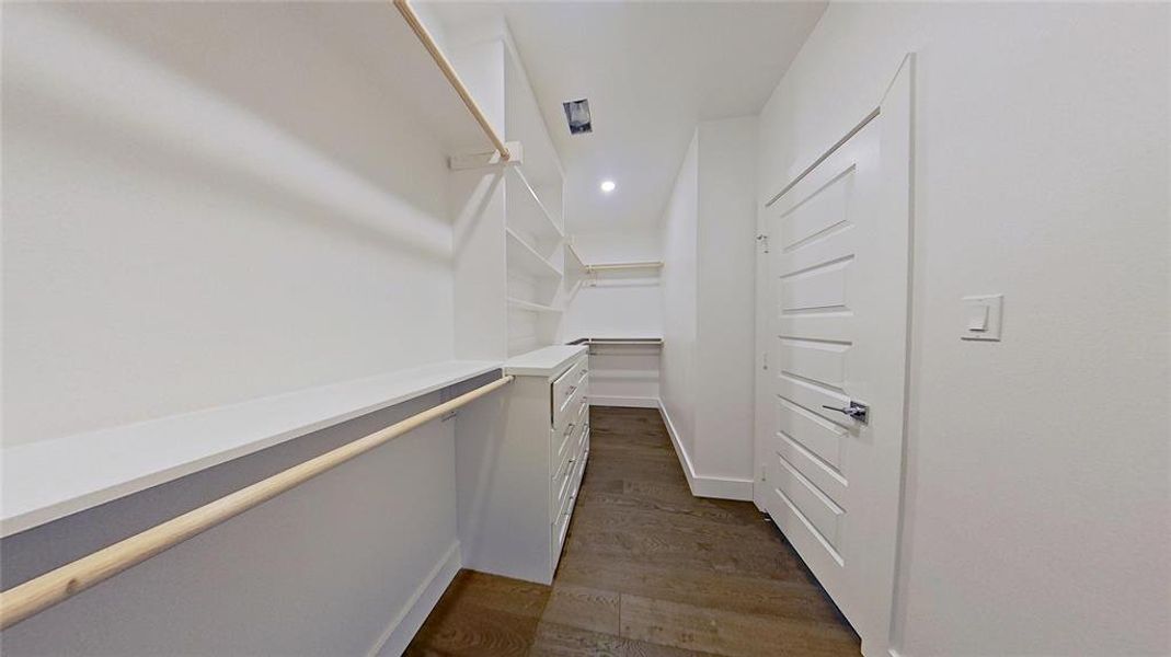 Spacious closet with dark wood-style flooring