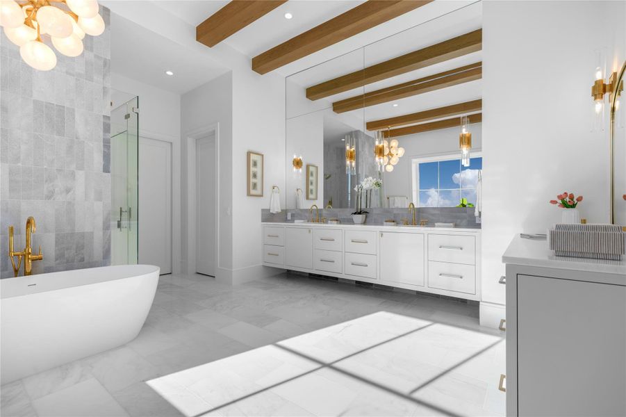 Bathroom with a chandelier, double vanity, marble look tile flooring, a soaking tub, and a stall shower Bathroom with a chandelier, double vanity, marble look tile flooring, a soaking tub, and a stall shower