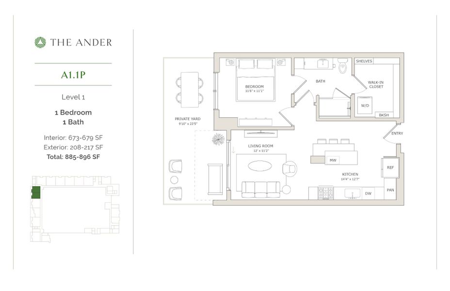 2D floor plan layout for the A1.1P by Ledgestone Development Group in The Ander, Austin, TX (Image 1).