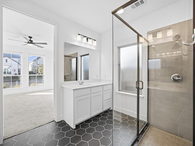 Primary Bathroom with a stall shower, dark carpet, vanity, a ceiling fan, and dark tile patterned flooring Primary Bathroom with a stall shower, dark carpet, vanity, a ceiling fan, and dark tile patterned flooring