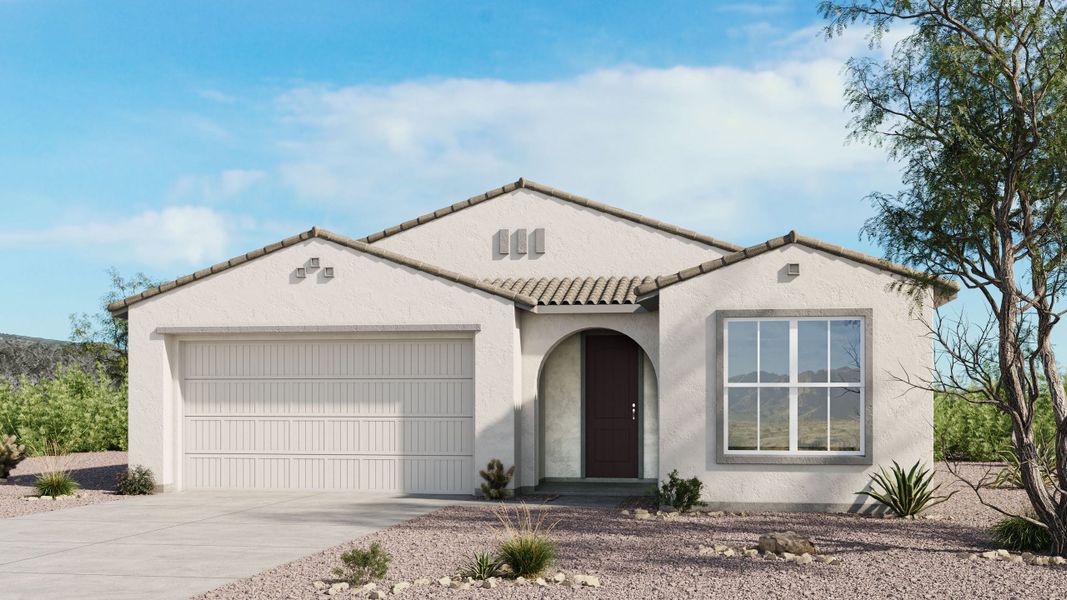 Front exterior of a new home in Saddleback, Peoria, AZ, highlighting curb appeal (Image 1). Front exterior of a new home in Saddleback, Peoria, AZ, highlighting curb appeal (Image 1).