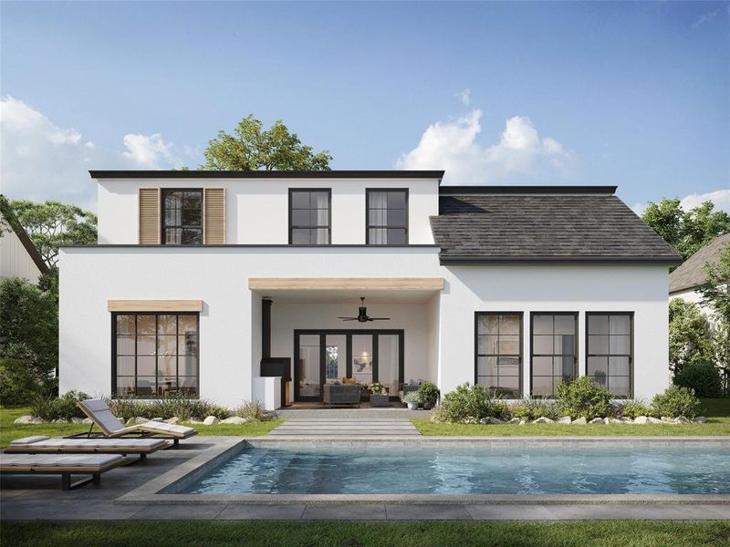 Back of property with french doors, a patio, and ceiling fan