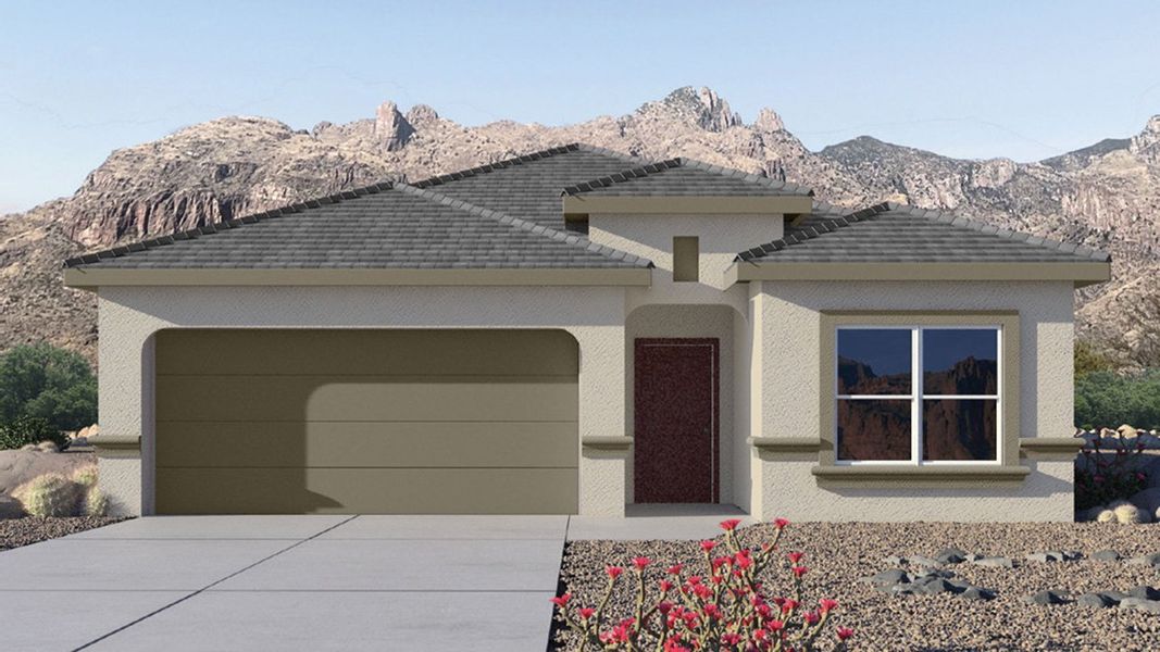 Front exterior of a new home in Senita Crossing, Tucson, AZ, highlighting curb appeal (Image 1).