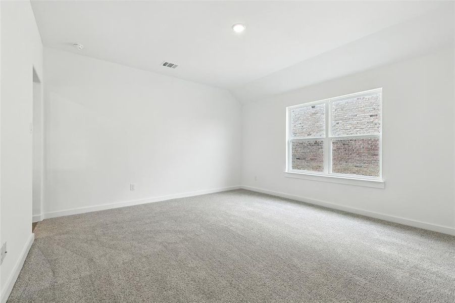 Carpeted empty room featuring baseboards and lofted ceiling Carpeted empty room featuring baseboards and lofted ceiling