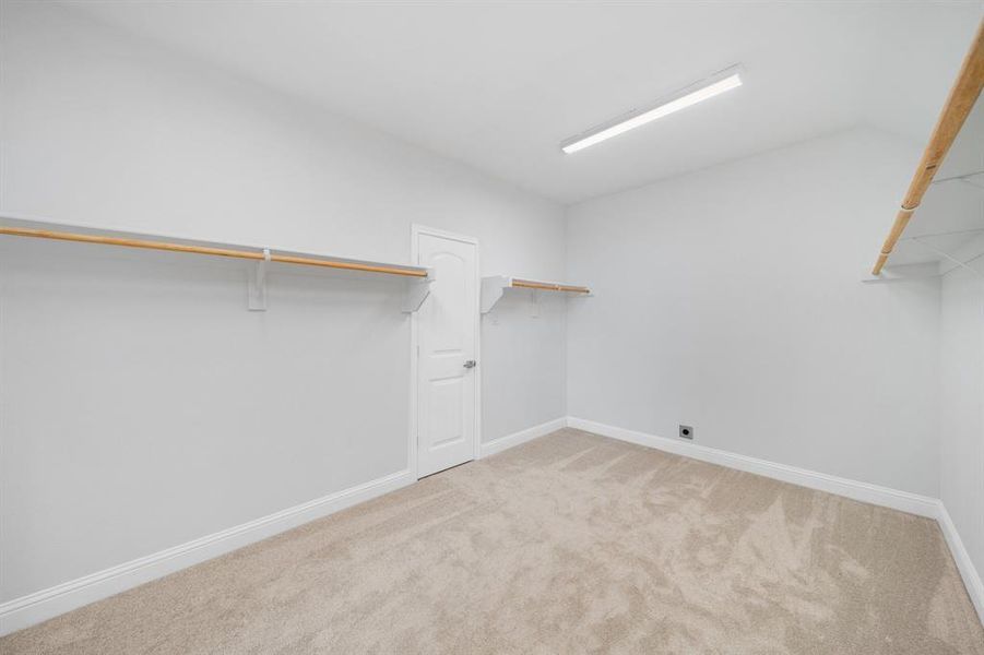 Spacious closet with light carpet