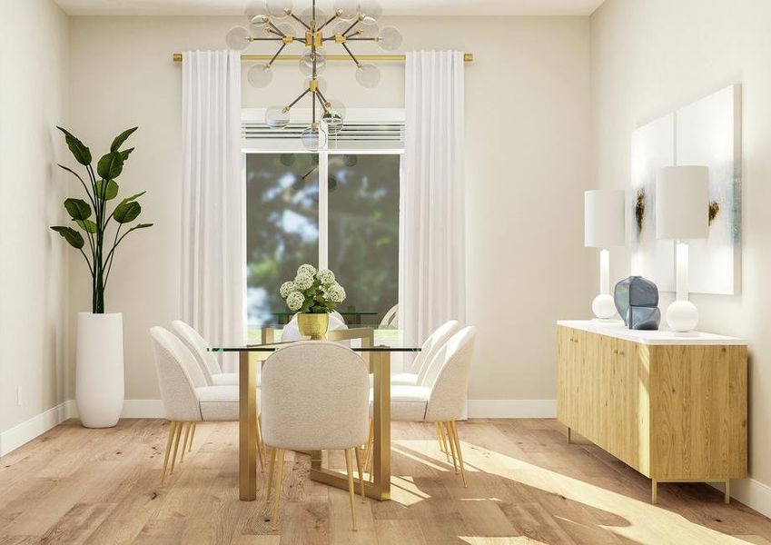 Rendering of the formal dining room with
  large dining table sitting below an ornate chandelier. A modern buffet, two
  table lamps and pot plant complete the space.