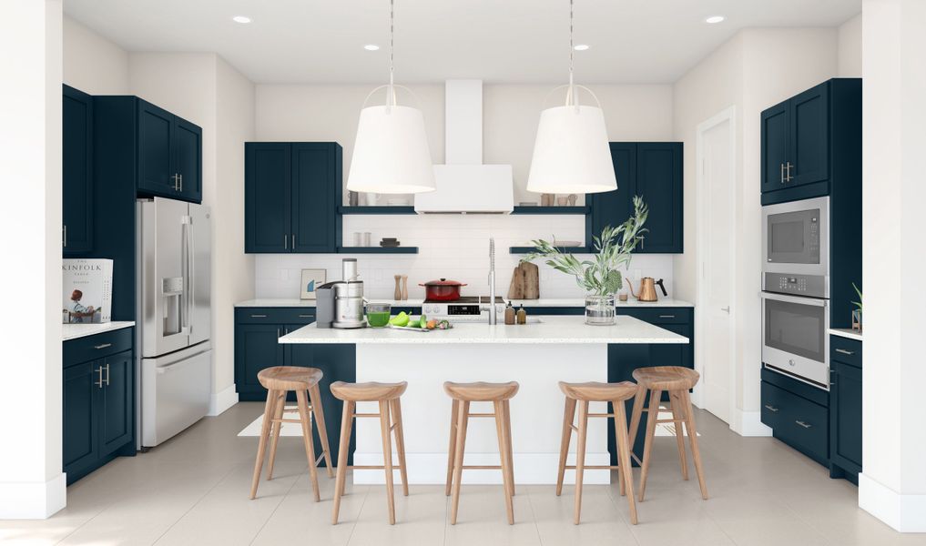 Kitchen with striking deep blue cabinets