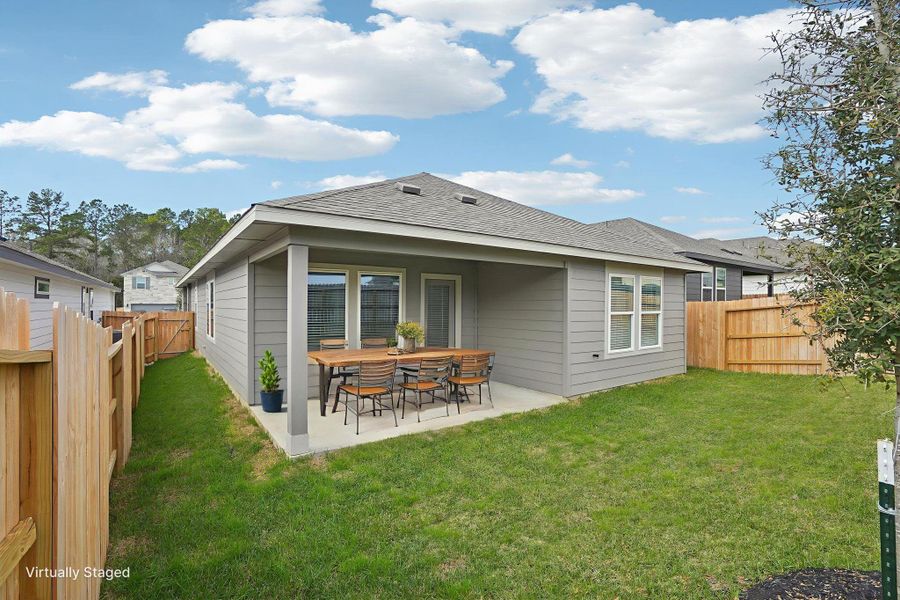 Exterior details and patio area of a home in Pine Lake Cove - Traditional Series, Montgomery (Image 3).