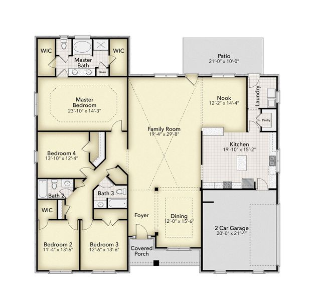 2D floor plan layout for the Plan 3010 by Adams Homes in Cedar Creek at Deerpoint Lake, Panama City, FL (Image 3).