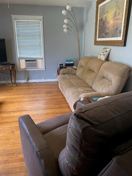 Living room featuring a textured ceiling and hardwood / wood-style flooring Living room featuring a textured ceiling and hardwood / wood-style flooring
