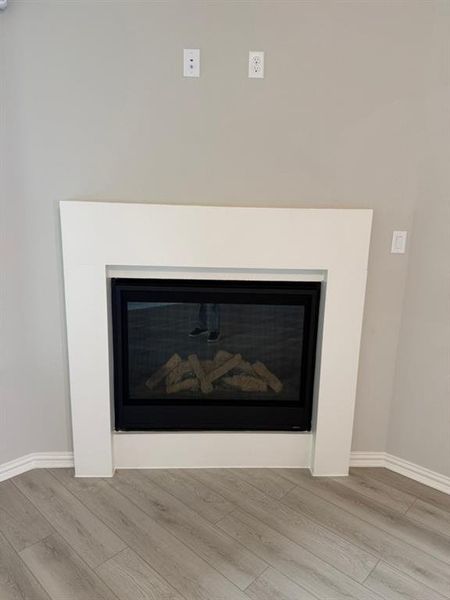 Detailed view of a glass covered fireplace and wood finished floors Detailed view of a glass covered fireplace and wood finished floors