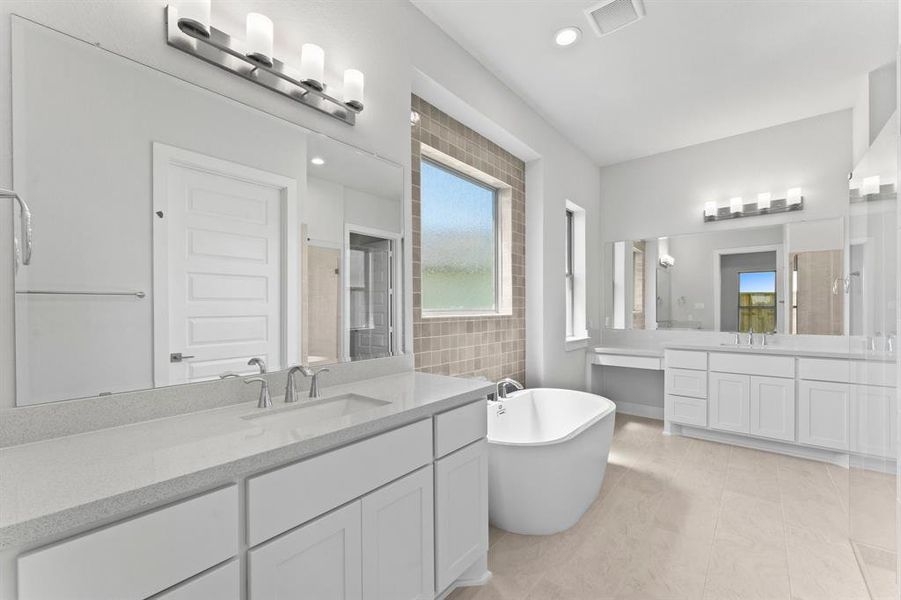 Primary Bath with Separate Vanities, Freestanding Tub, and Separate Shower.