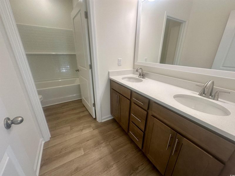 Bathroom featuring double vanity and dark wood-type flooring