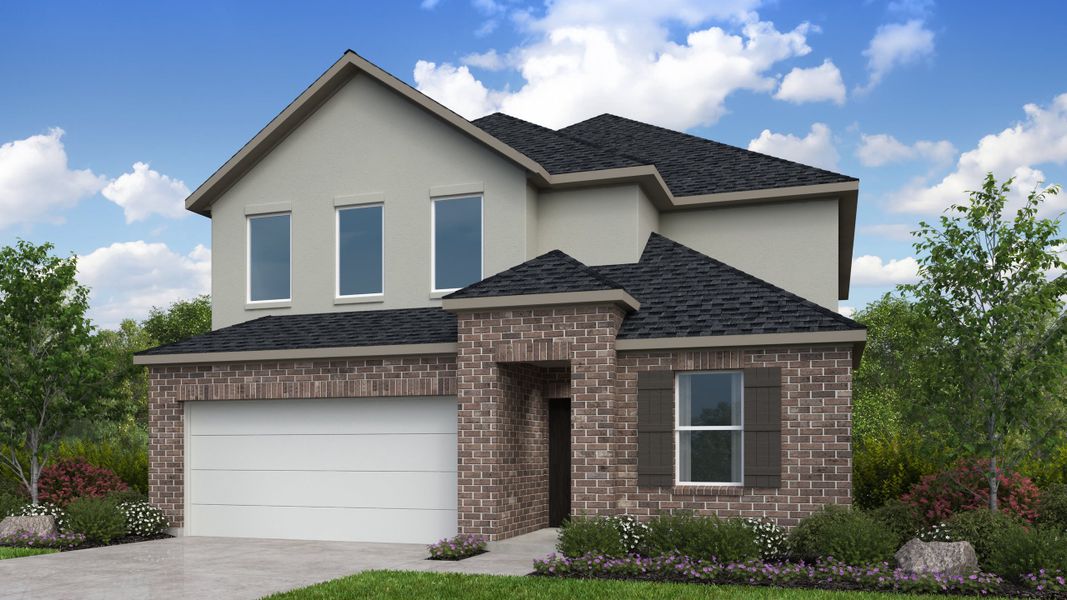 Front exterior of a new home in Bridge Creek 45s and 50s, Cypress, TX, highlighting curb appeal (Image 1). Front exterior of a new home in Bridge Creek 45s and 50s, Cypress, TX, highlighting curb appeal (Image 1).