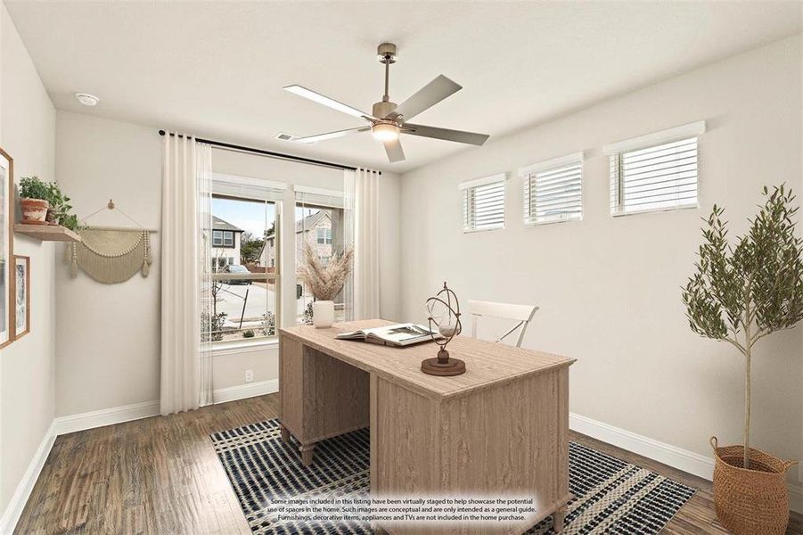 Office space featuring dark wood-style flooring and a ceiling fan