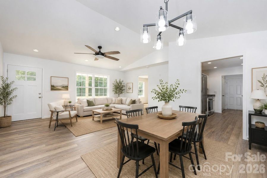 Virtually staged living and dining area