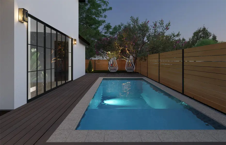 An inviting backyard oasis features a modern swimming pool bordered by a handsome wood deck. An inviting backyard oasis features a modern swimming pool bordered by a handsome wood deck.
