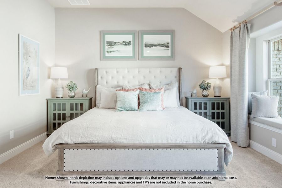 Bedroom with tufted upholstered bed, matching nightstands, and a window seat with neutral gray and white decor Bedroom with tufted upholstered bed, matching nightstands, and a window seat with neutral gray and white decor