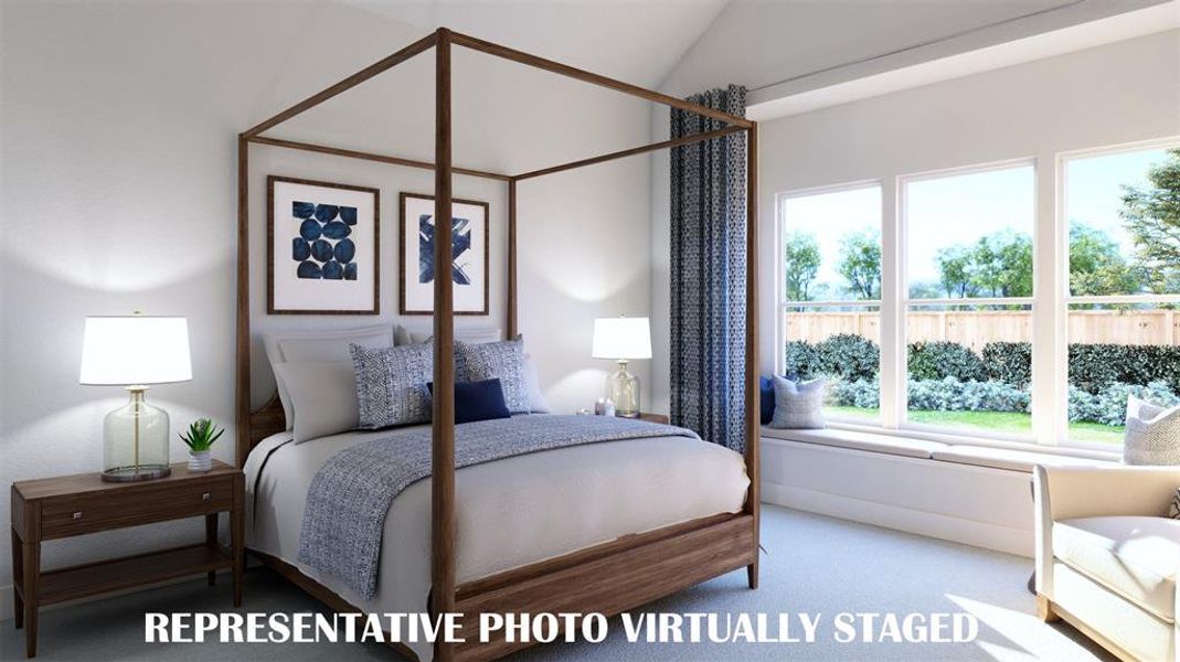 This dreamy owners suite combines high ceilings and oversized windows to create a relaxing and peaceful retreat.  REPRESENTATIVE PHOTO VIRTUALLY STAGED