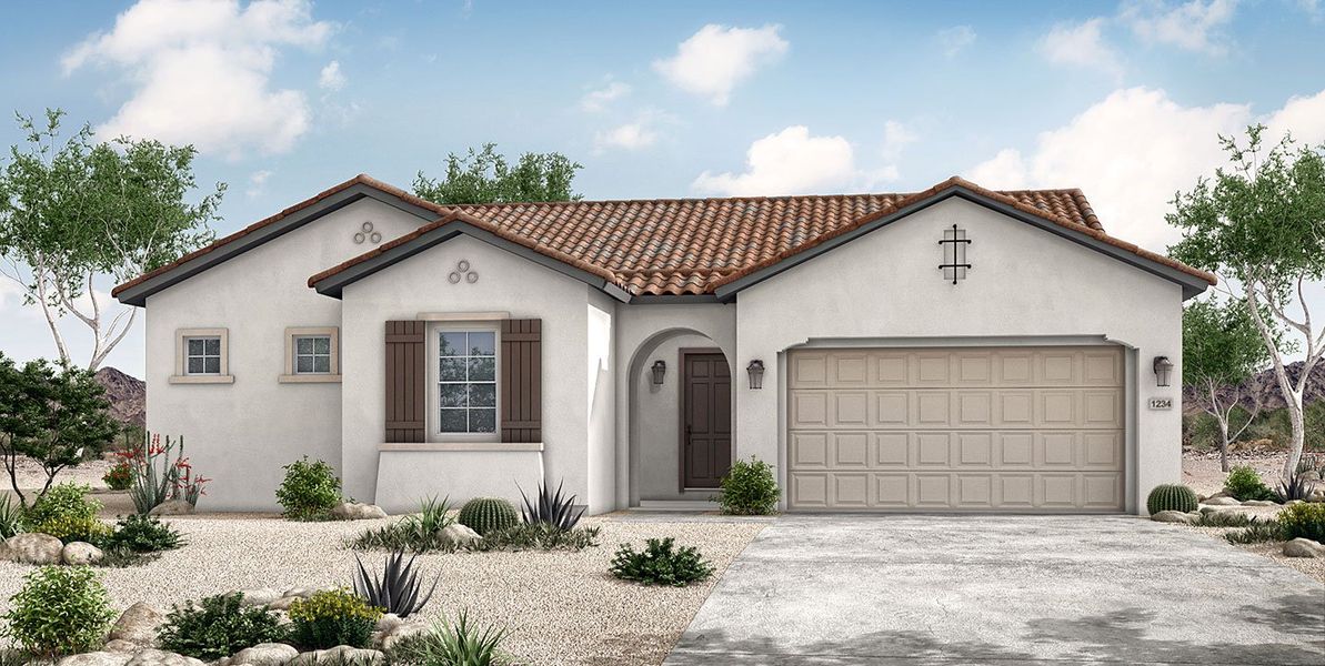 Front exterior of a new home in Palo Verde at North Creek, Queen Creek, AZ, highlighting curb appeal (Image 22).
