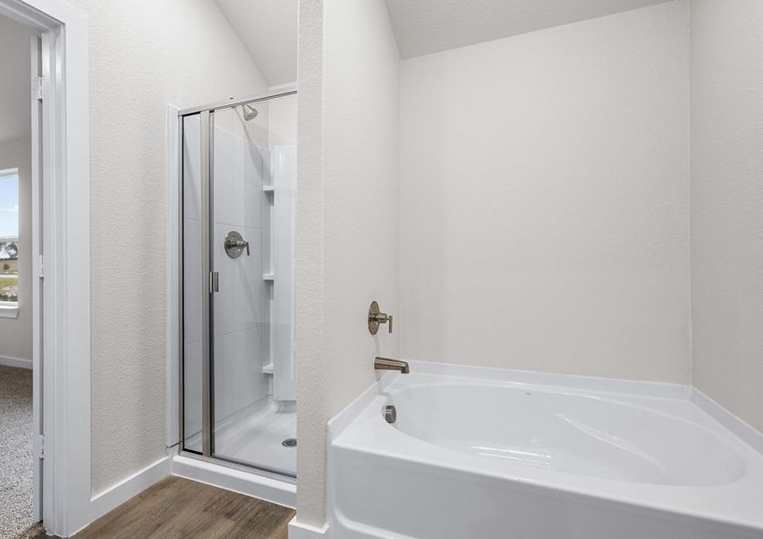 The master bathroom has a class, walk-in shower and garden tub.