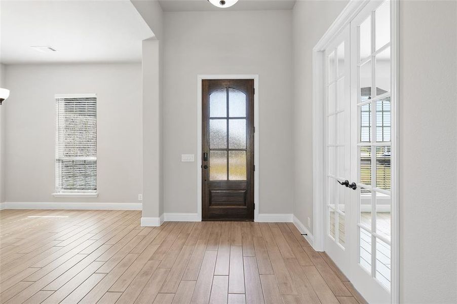 Entrance foyer with plenty of natural light and light wood-style flooring