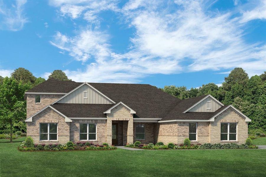 Craftsman inspired home with brick siding, a shingled roof, and a front yard