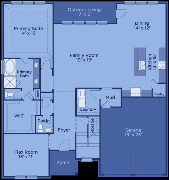 2D floor plan layout for the Kirby by UnionMain Homes in Lake Breeze, Lavon, TX (Image 4).