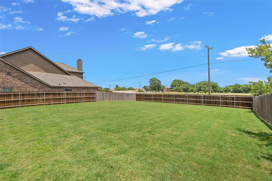 Fully fenced backyard overlooking open land beyond the rear fence. Fully fenced backyard overlooking open land beyond the rear fence.