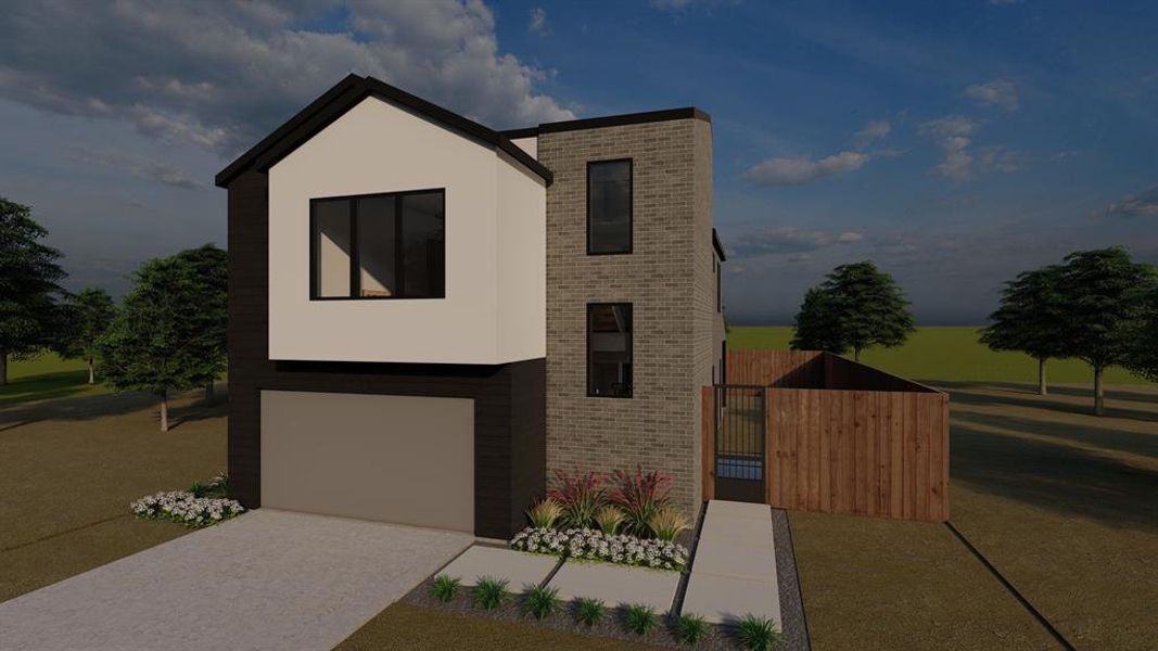 Modern home with a gate, brick siding, an attached garage, and driveway