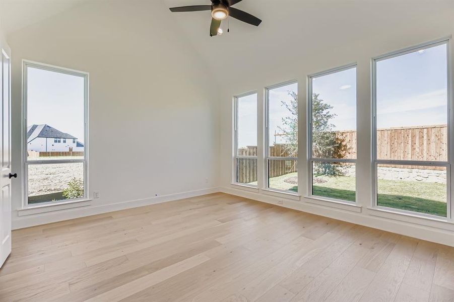 Unfurnished room with light wood finished floors, healthy amount of natural light, a ceiling fan, and high vaulted ceiling