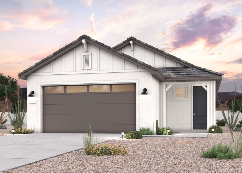 A twilight rendering of a single-story new home with amenities in Buckeye, AZ at Manzanita at Teravalis by Century Communities. A twilight rendering of a single-story new home with amenities in Buckeye, AZ at Manzanita at Teravalis by Century Communities.