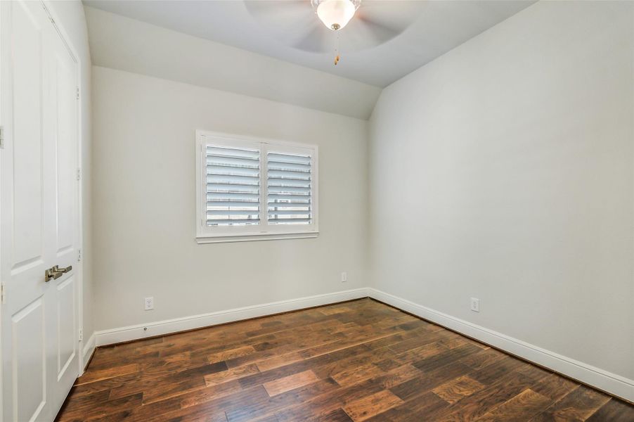 Bedroom two also has the Wood floors and plantation shutters on the window. It is located next to the second bathroom. Bedroom two also has the Wood floors and plantation shutters on the window. It is located next to the second bathroom.