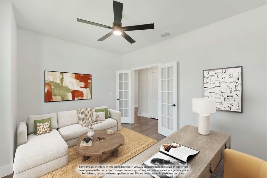 Living room with sectional sofa, ceiling fan, French doors, and hardwood floors Living room with sectional sofa, ceiling fan, French doors, and hardwood floors