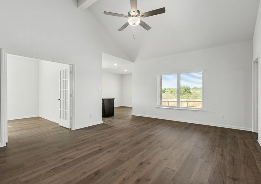 The living room sits right off of the kitchen.