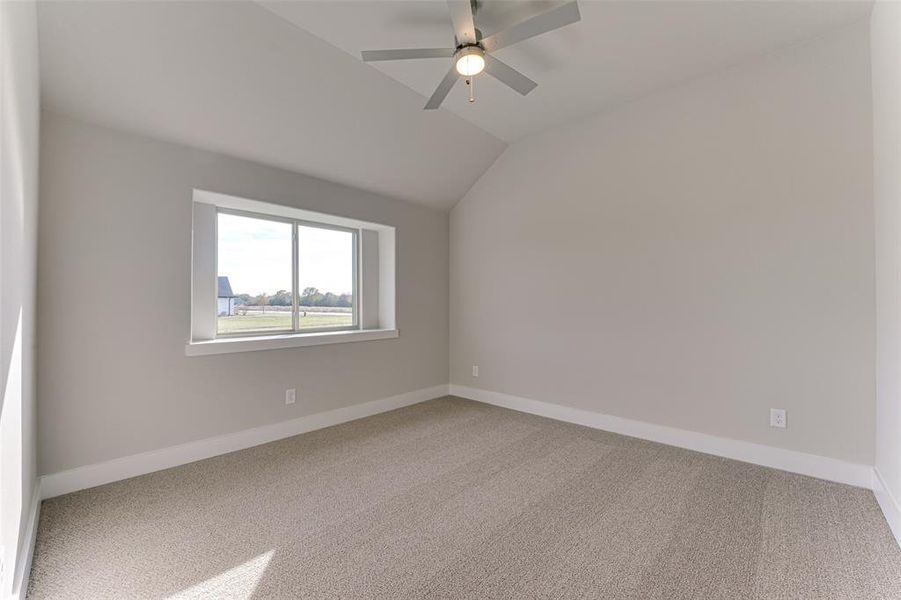 Unfurnished room featuring carpet floors, vaulted ceiling, and ceiling fan