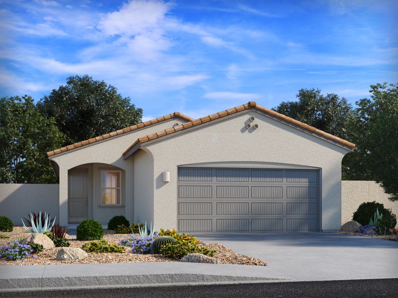 Representative exterior photo of a completed home built from the Jasper by Meritage Homes in Las Patrias at Star Valley Phase III - Signature Series, Tucson, AZ (Image 13). Representative exterior photo of a completed home built from the Jasper by Meritage Homes in Las Patrias at Star Valley Phase III - Signature Series, Tucson, AZ (Image 13).