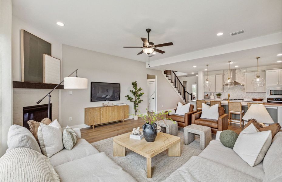 Gathering room with view of kitchen