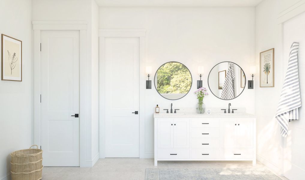 Primary bath with freestanding vanity