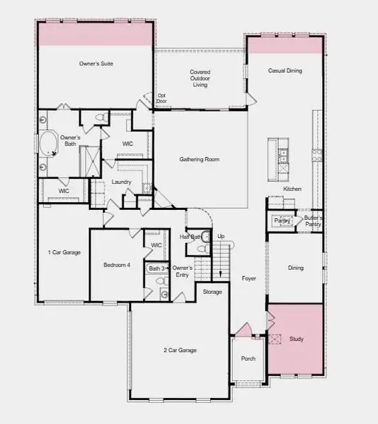Additional Highlights Include: Study in place of flex, extended casual dining, extended owner's suite, sliding door at gathering room, two secondary bedrooms upstairs, upstairs full bathroom, media room, 42" front entry.