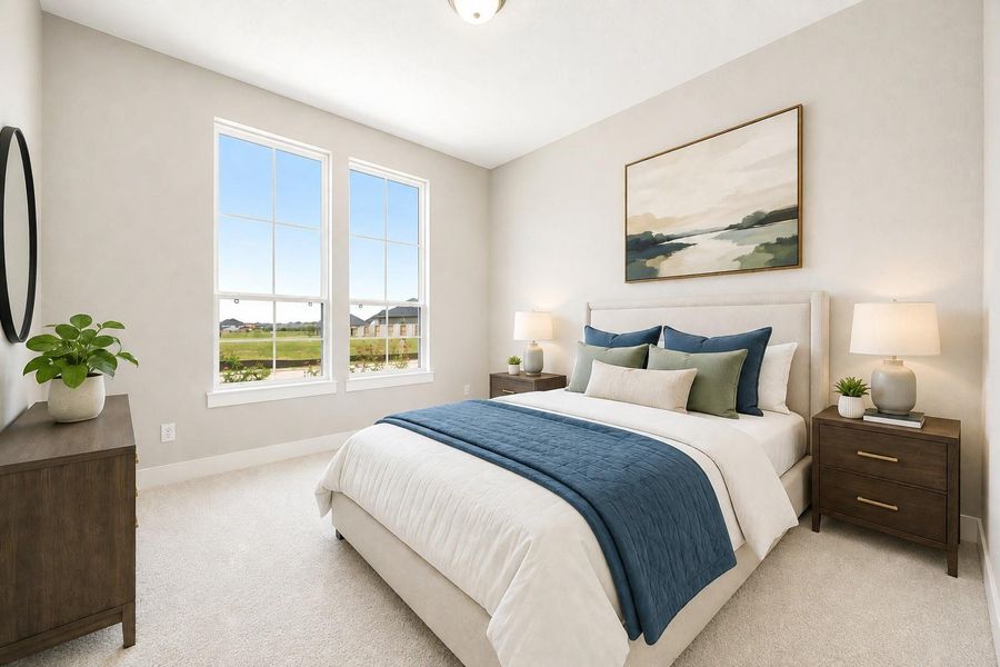 A generously sized secondary bedroom on the first floor offers plush carpet and large windows overlooking the front of the home. Virtually staged. A generously sized secondary bedroom on the first floor offers plush carpet and large windows overlooking the front of the home. Virtually staged.