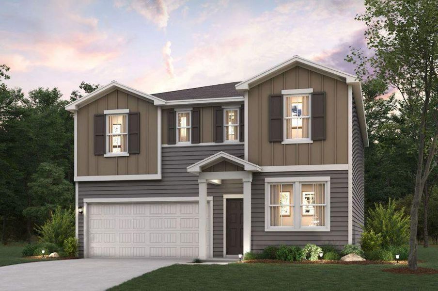 Front exterior of a new home in Union Heights, Flowery Branch, GA, highlighting curb appeal (Image 1). Front exterior of a new home in Union Heights, Flowery Branch, GA, highlighting curb appeal (Image 1).