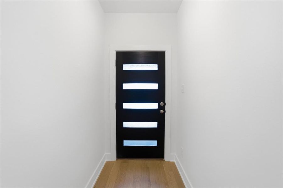 Contemporary entry door with five horizontal lites and a black finish