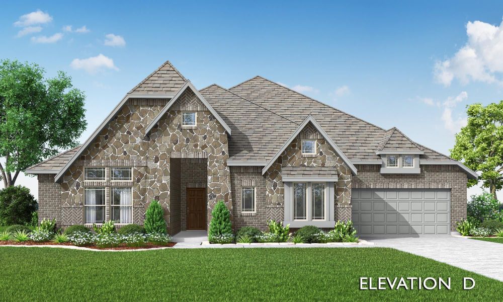 Single-story home with stone and brick exterior, two-car garage, and pitched roof, Elevation D Single-story home with stone and brick exterior, two-car garage, and pitched roof, Elevation D
