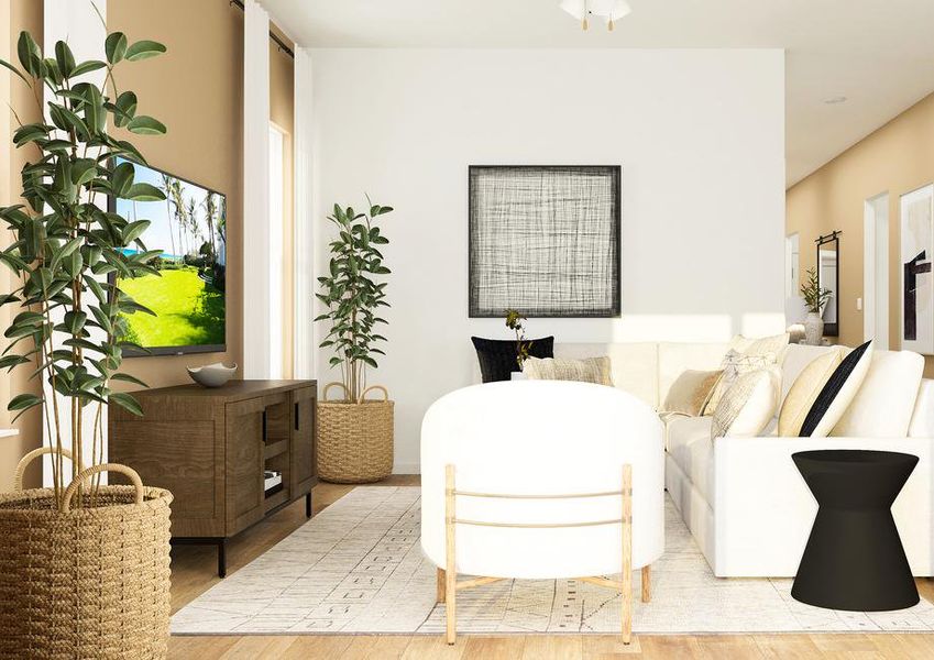 Rendering of the living room with a white
  sectional and white side table.