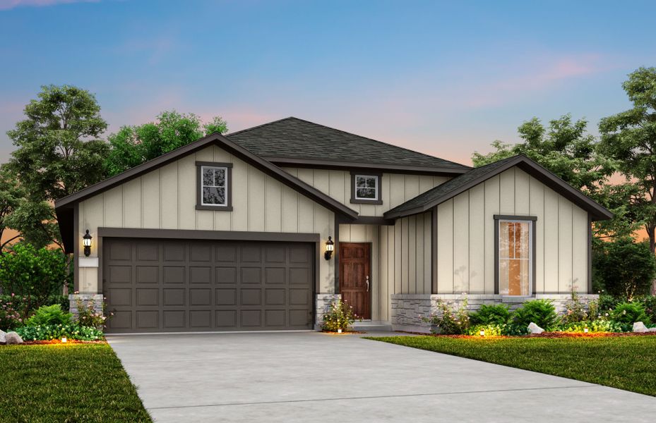 The Orchard, a one-story home with 2-car garage, shown with Home Exterior 38 The Orchard, a one-story home with 2-car garage, shown with Home Exterior 38