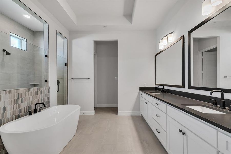 Bathroom with a tray ceiling, independent shower and bath, and vanity